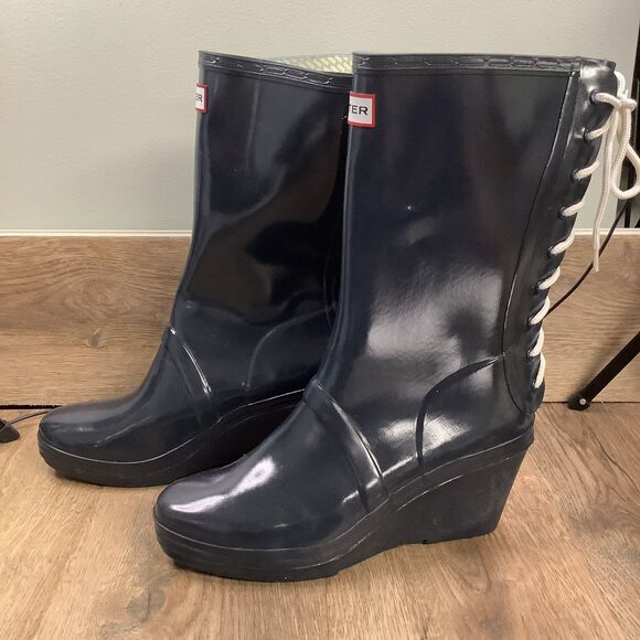 HUNTER BLUE VERBIER LACE UP RAIN BOOTS! Size 9/40-41 - Picture 5 of 7